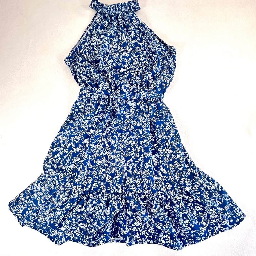Blue Floral Halter Neck Smocked‎ Waist Ruffle Hem Dress Women's Small